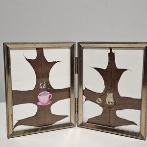 Gold Double Picture Frame with Mug And Tea Bag Painted Leaf Art